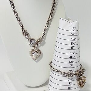 Silver Heart Charm Necklace and Bracelet Set Rolled Chain Toggle Closure